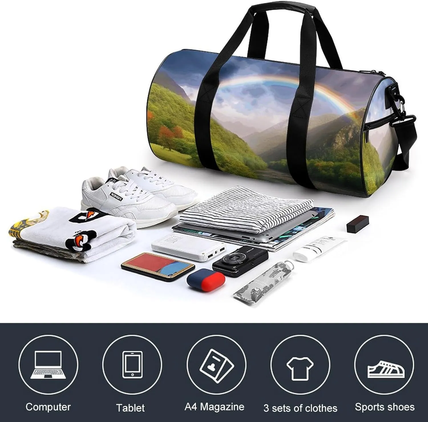 Duffel Bag for Men Women Gym Bag Mountain Valley with Rainbow Travel Duffel Bag Waterproof Overnight Bag for Sports Workout