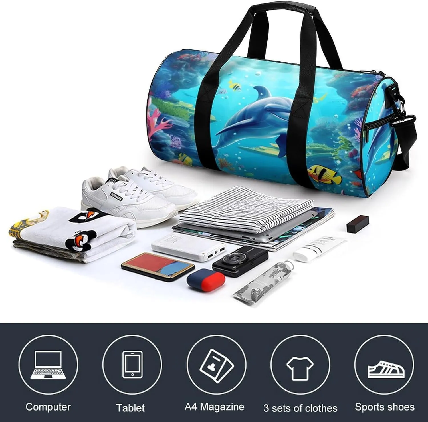 Duffel Bag for Men Women Gym Bag Ocean Underwater Dolphin Fish Travel Duffel Bag Waterproof Overnight Bag for Sports Workout