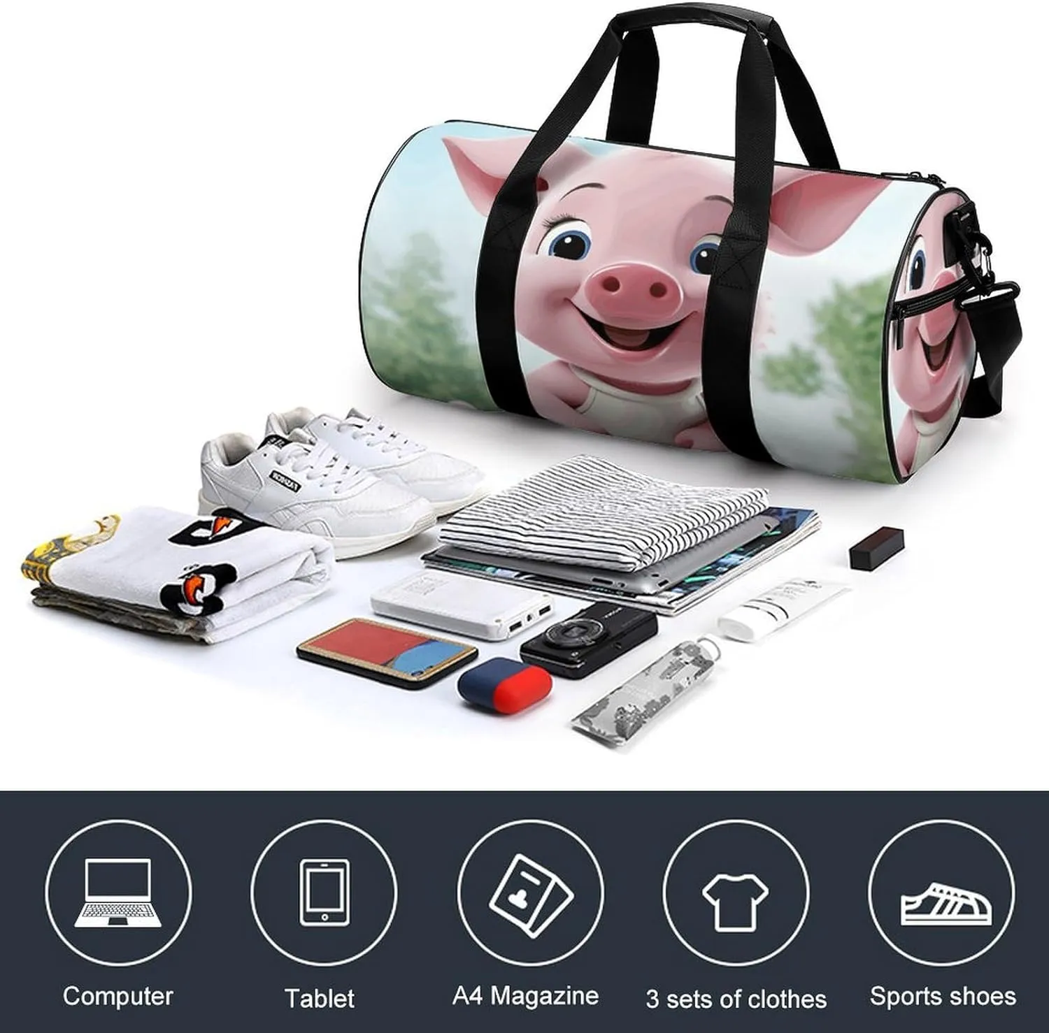 Duffel Bag for Men Women Gym Bag Pink Little Pig Travel Duffel Bag Waterproof Overnight Bag for Sports Workout