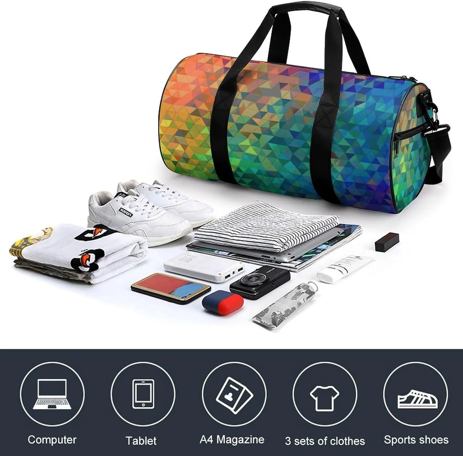 Duffel Bag for Men Women Gym Bag Rainbow Triangle Travel Duffel Bag Waterproof Overnight Bag for Sports Workout