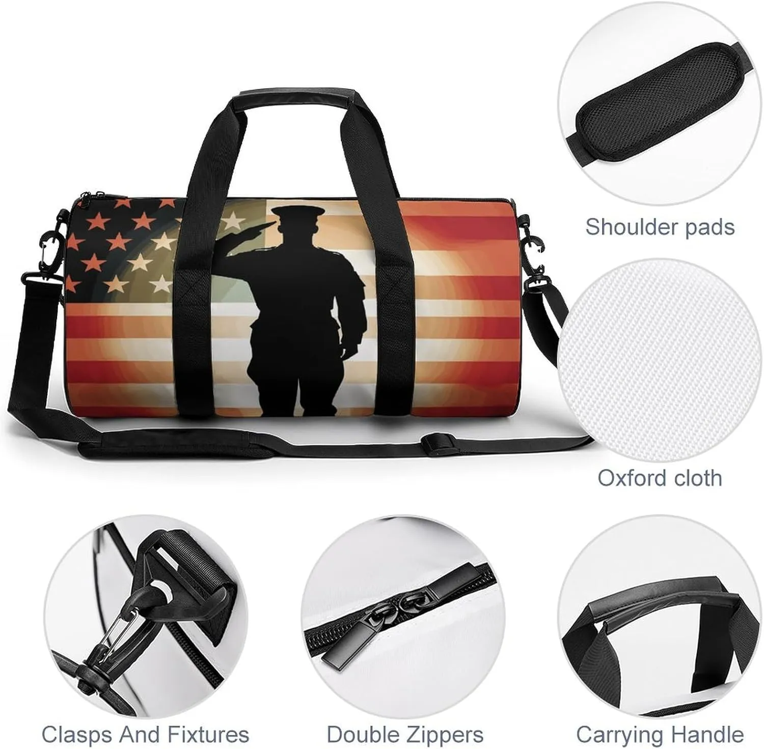 Duffel Bag for Men Women Gym Bag Soldier Saluting America Flag Travel Duffel Bag Waterproof Overnight Bag for Sports Workout