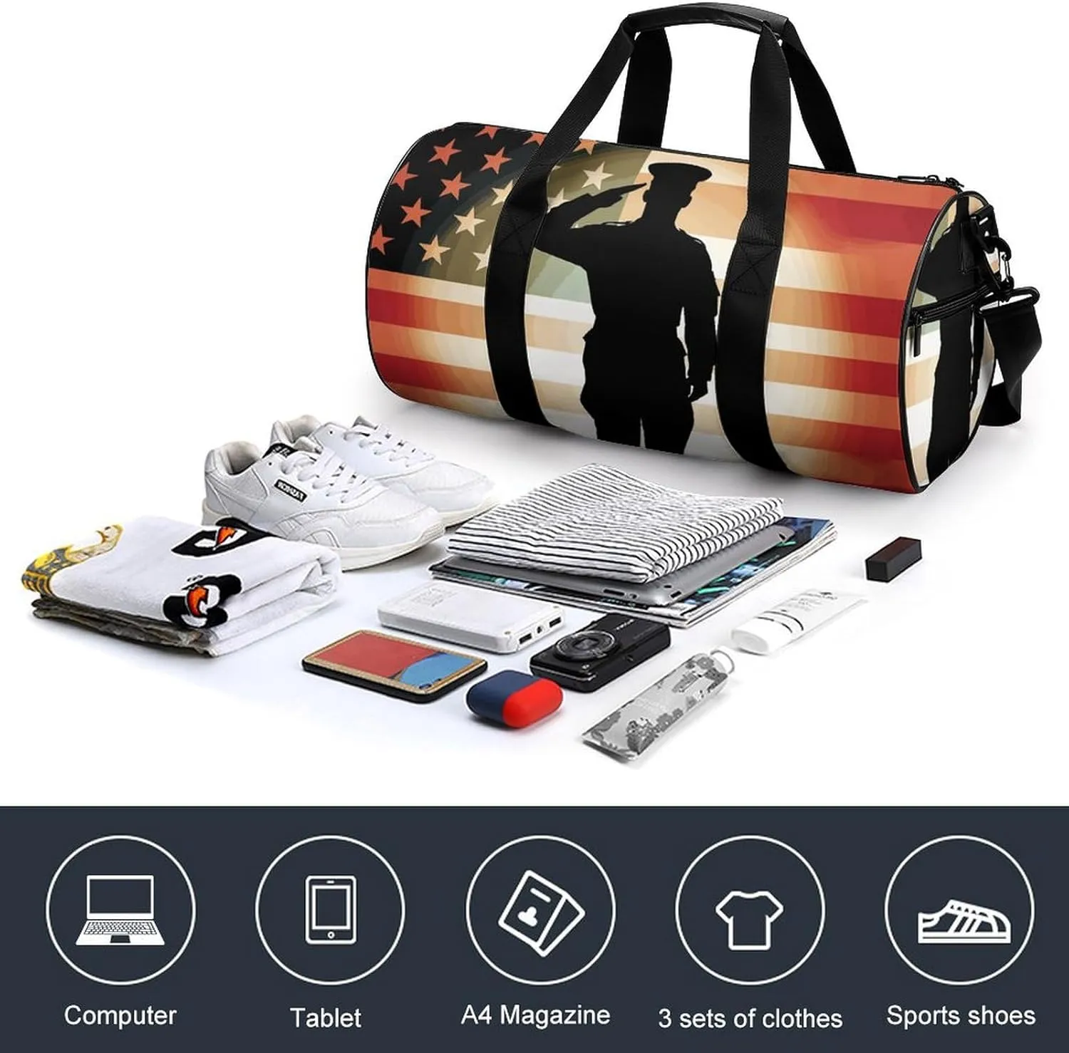 Duffel Bag for Men Women Gym Bag Soldier Saluting America Flag Travel Duffel Bag Waterproof Overnight Bag for Sports Workout