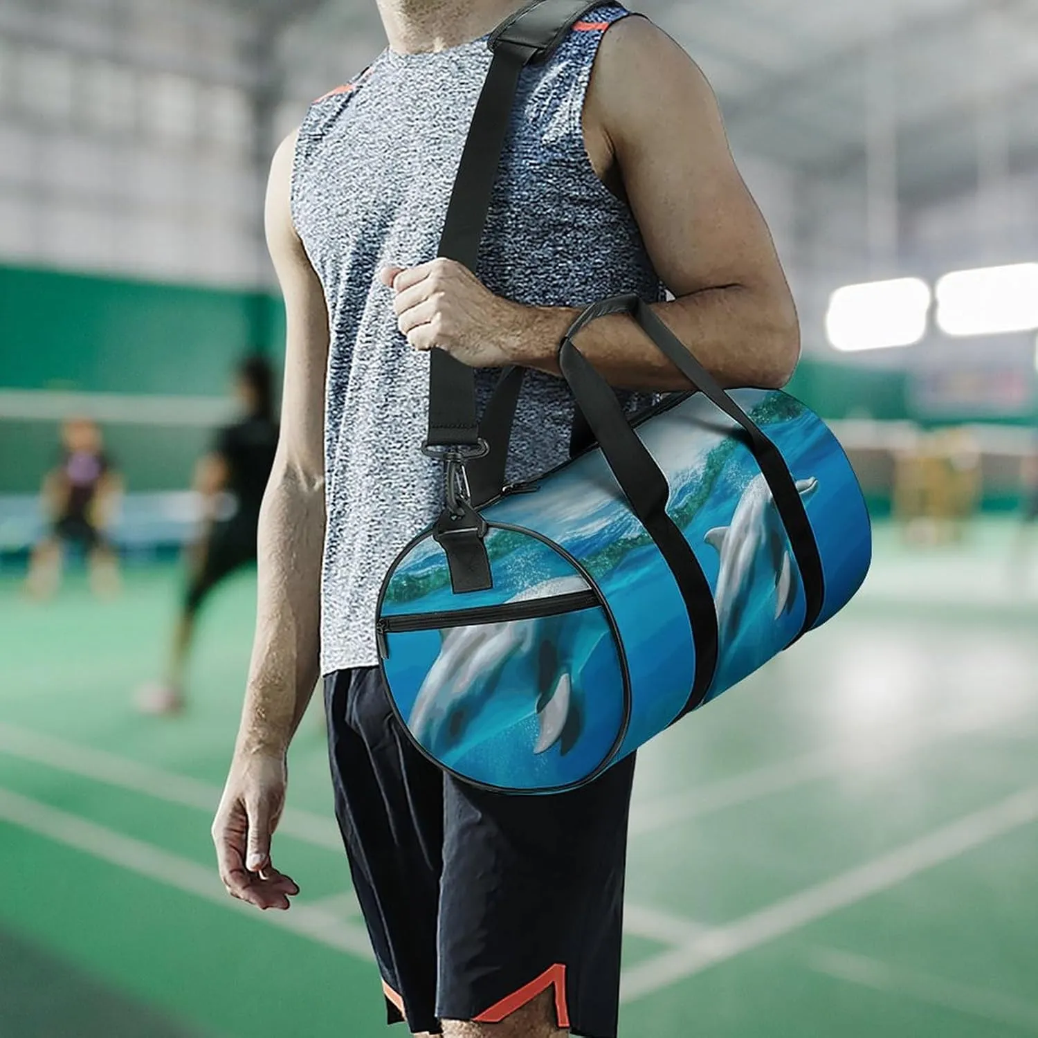 Duffel Bag for Men Women Gym Bag Swimming Dolphin in Blue Sea Travel Duffel Bag Waterproof Overnight Bag for Sports Workout