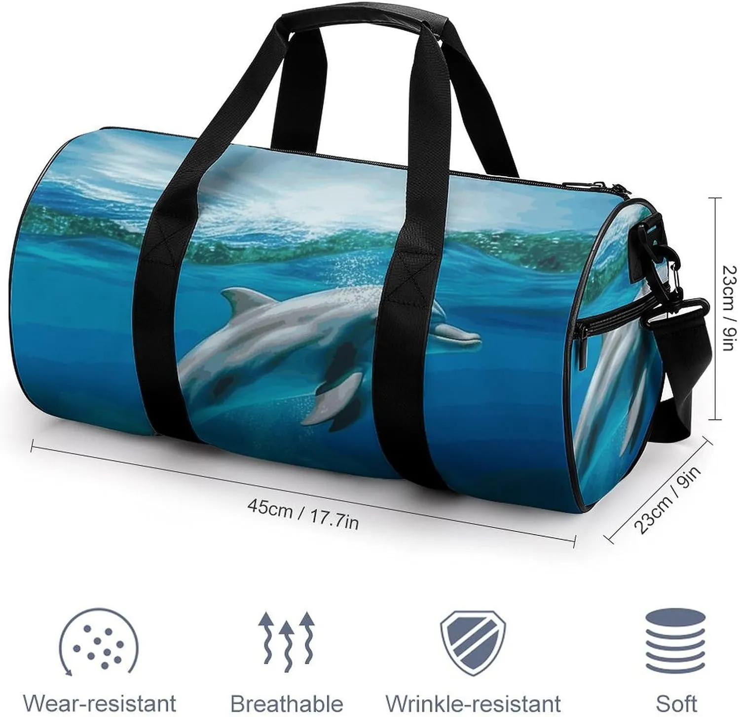 Duffel Bag for Men Women Gym Bag Swimming Dolphin in Blue Sea Travel Duffel Bag Waterproof Overnight Bag for Sports Workout