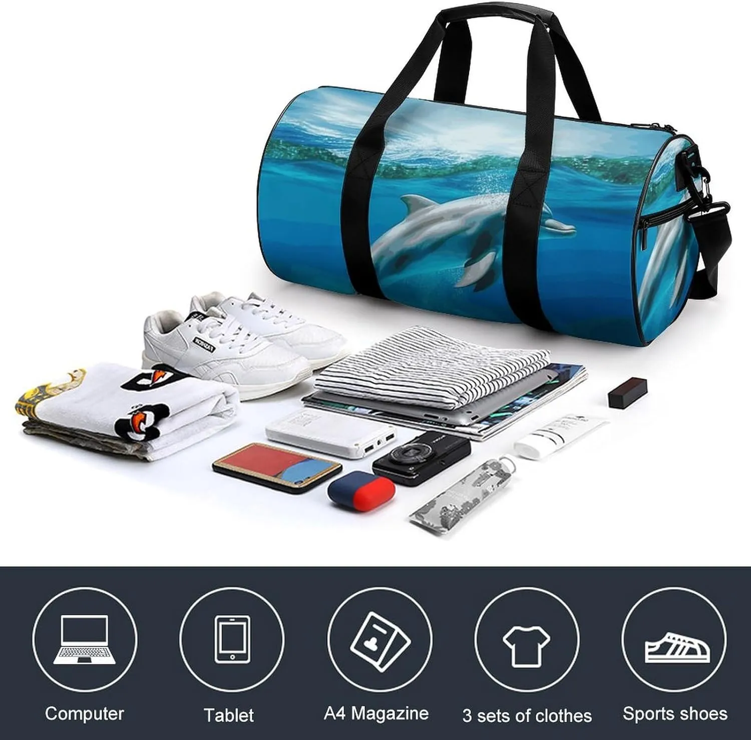 Duffel Bag for Men Women Gym Bag Swimming Dolphin in Blue Sea Travel Duffel Bag Waterproof Overnight Bag for Sports Workout
