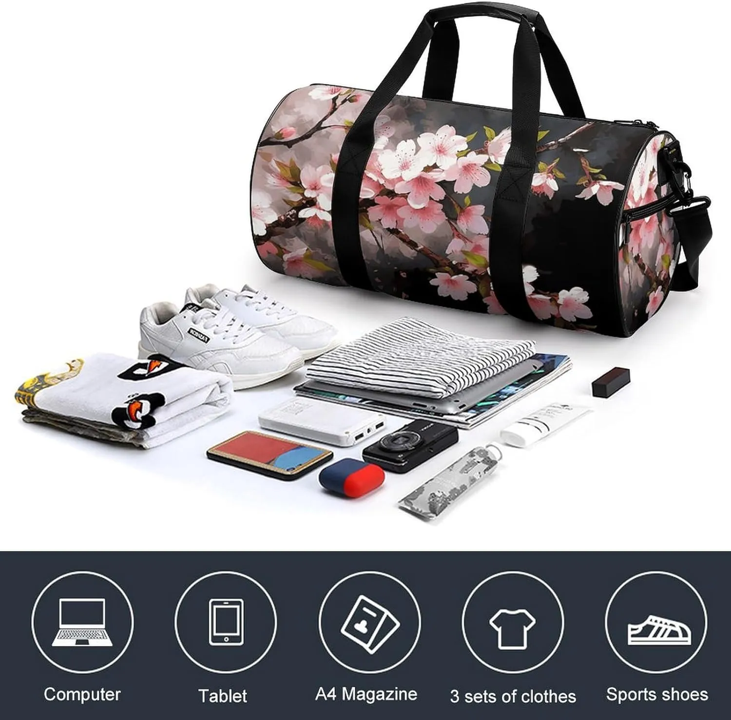 Duffel Bag for Men Women Gym Bag Tempting Cherry Blossoms Travel Duffel Bag Waterproof Overnight Bag for Sports Workout