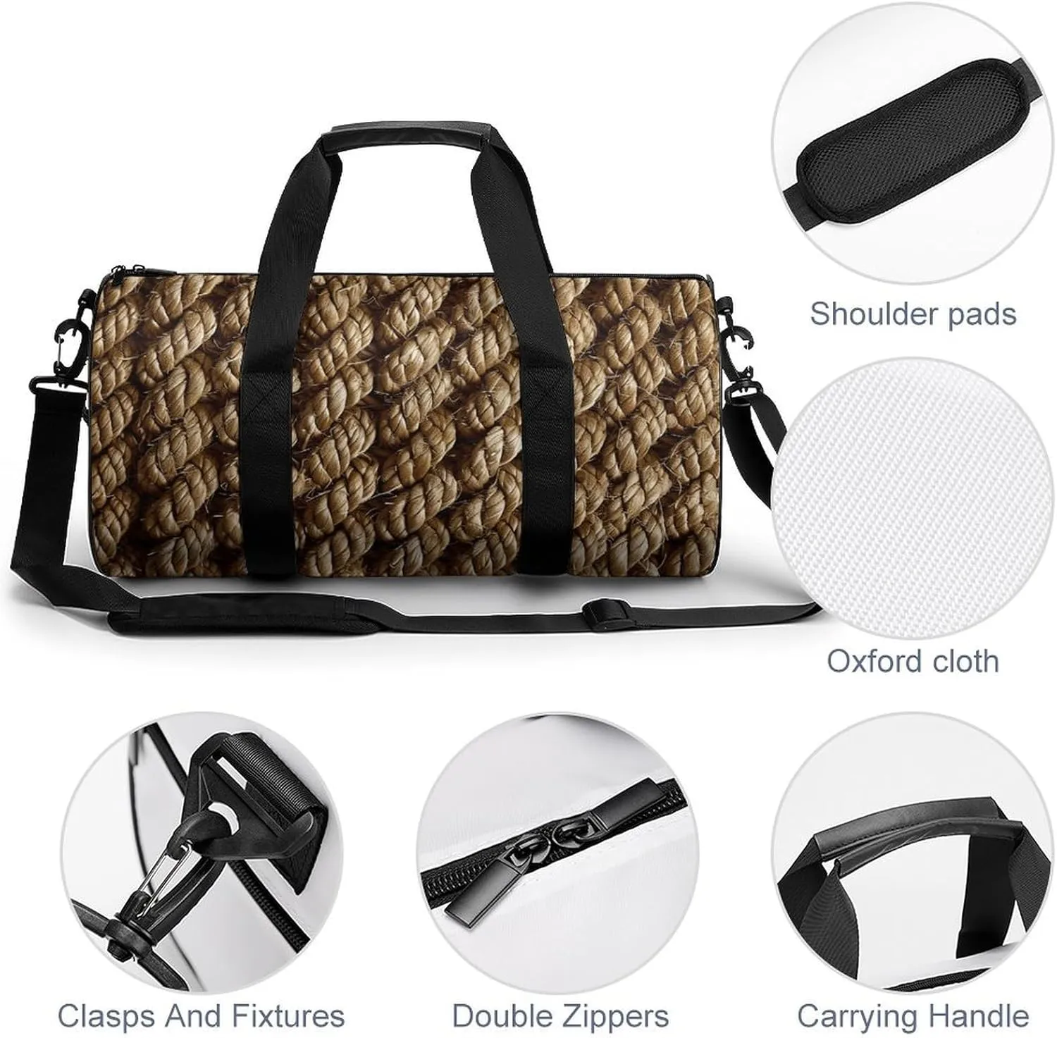 Duffel Bag for Men Women Gym Bag Texture of Braided Rope Travel Duffel Bag Waterproof Overnight Bag for Sports Workout