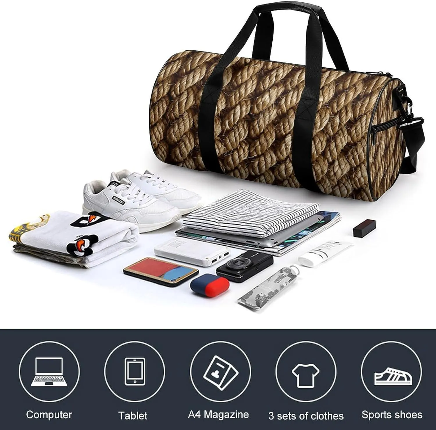 Duffel Bag for Men Women Gym Bag Texture of Braided Rope Travel Duffel Bag Waterproof Overnight Bag for Sports Workout