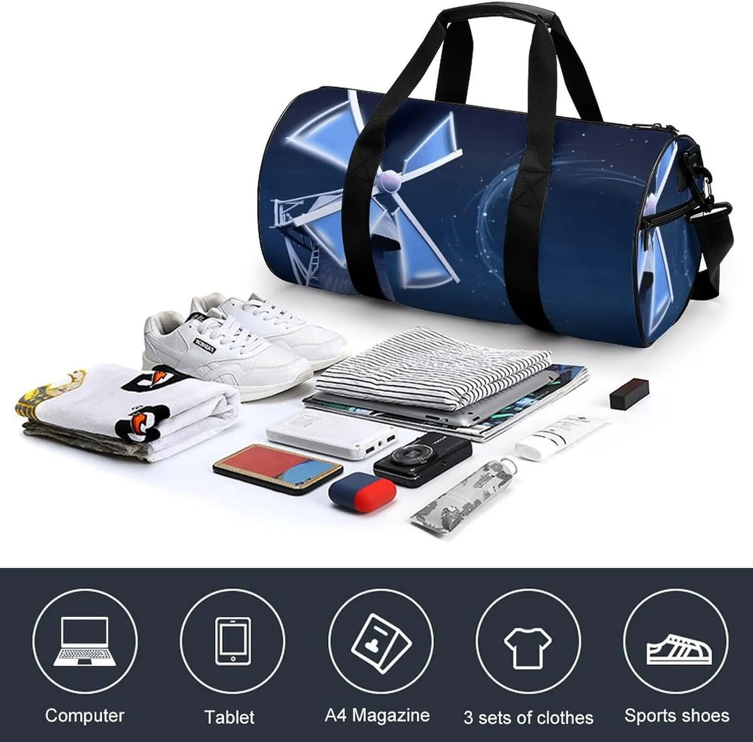Duffel Bag for Men Women Gym Bag Windmill Blue Travel Duffel Bag Waterproof Overnight Bag for Sports Workout