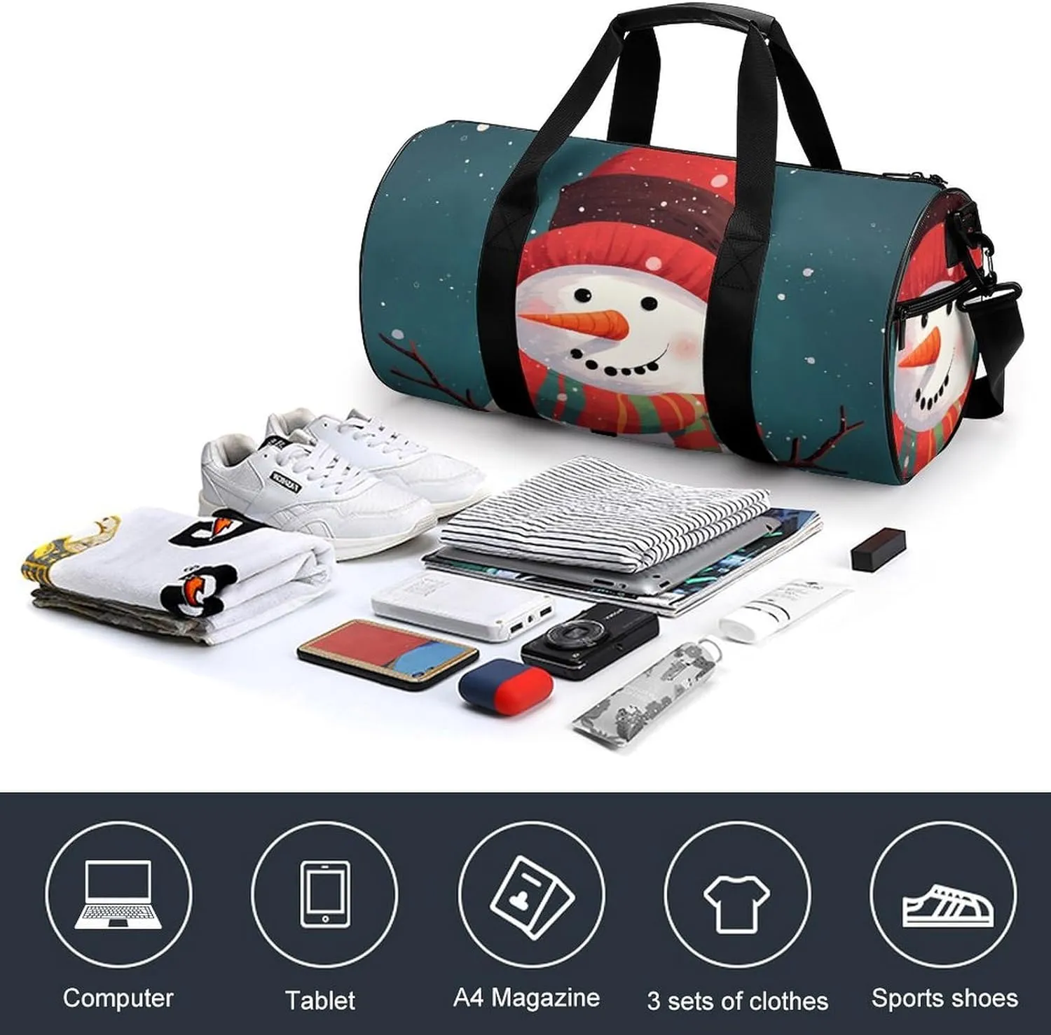 Duffel Bag for Men Women Gym Bag Xmas Snowman Travel Duffel Bag Waterproof Overnight Bag for Sports Workout
