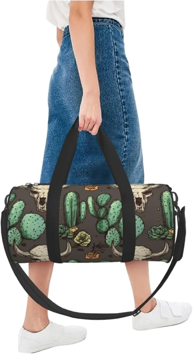 Duffel Bag for Men Women Small Gym Bag Skull of Bull and Cute Cactus Travel Duffel Bag Waterproof Overnight Bag for Sports Workout