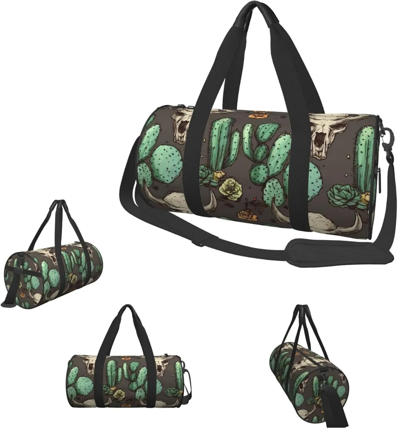 Duffel Bag for Men Women Small Gym Bag Skull of Bull and Cute Cactus Travel Duffel Bag Waterproof Overnight Bag for Sports Workout