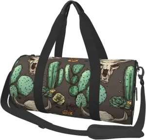 Duffel Bag for Men Women Small Gym Bag Skull of Bull and Cute Cactus Travel Duffel Bag Waterproof Overnight Bag for Sports Workout