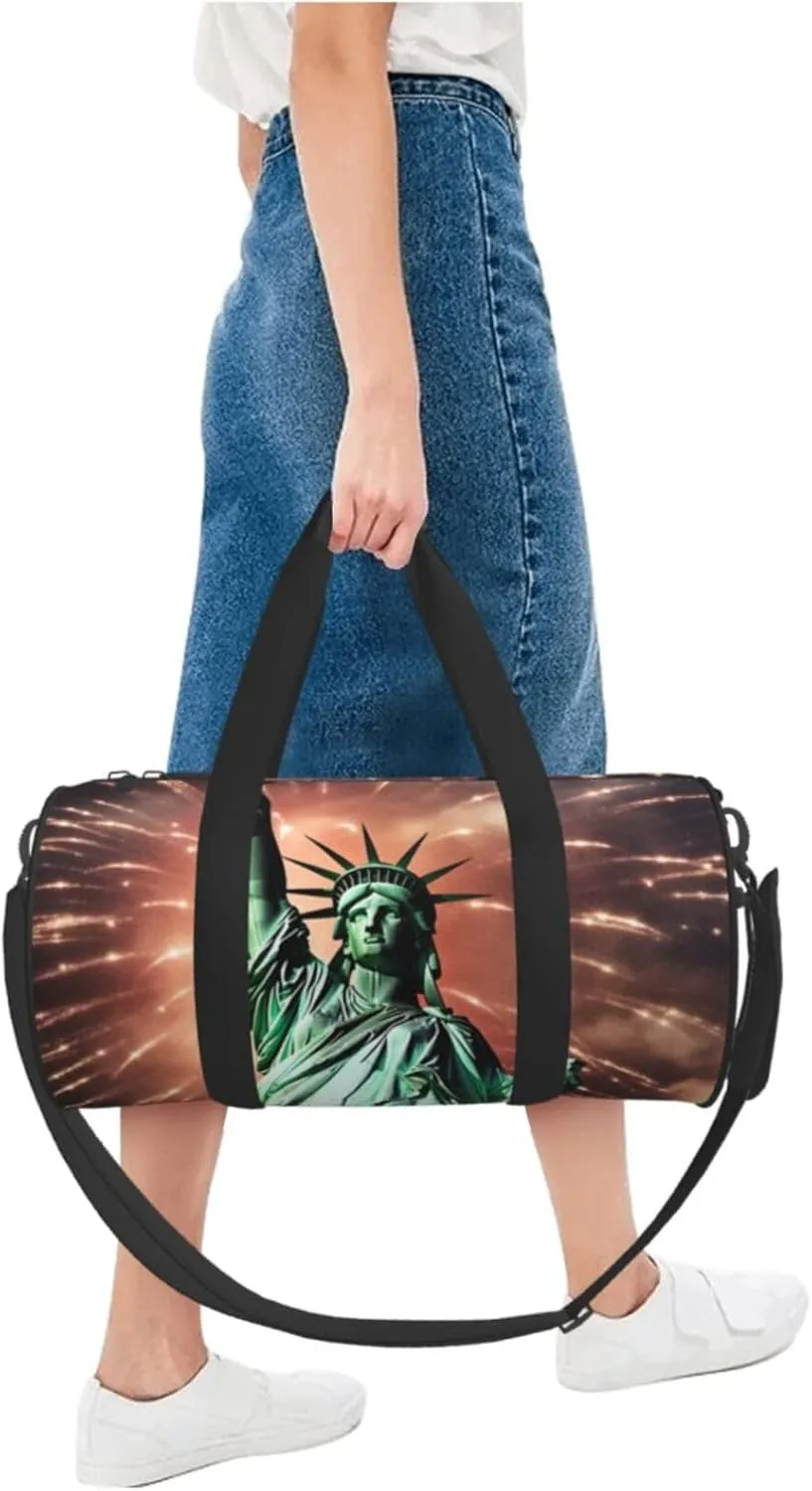 Duffel Bag for Men Women Small Gym Bag Statue Liberty Flag Fireworks Travel Duffel Bag Waterproof Overnight Bag for Sports Workout