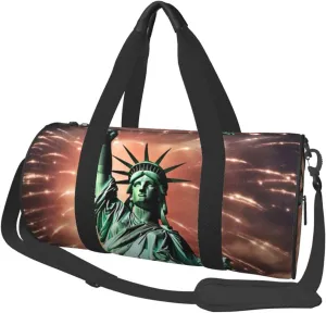 Duffel Bag for Men Women Small Gym Bag Statue Liberty Flag Fireworks Travel Duffel Bag Waterproof Overnight Bag for Sports Workout