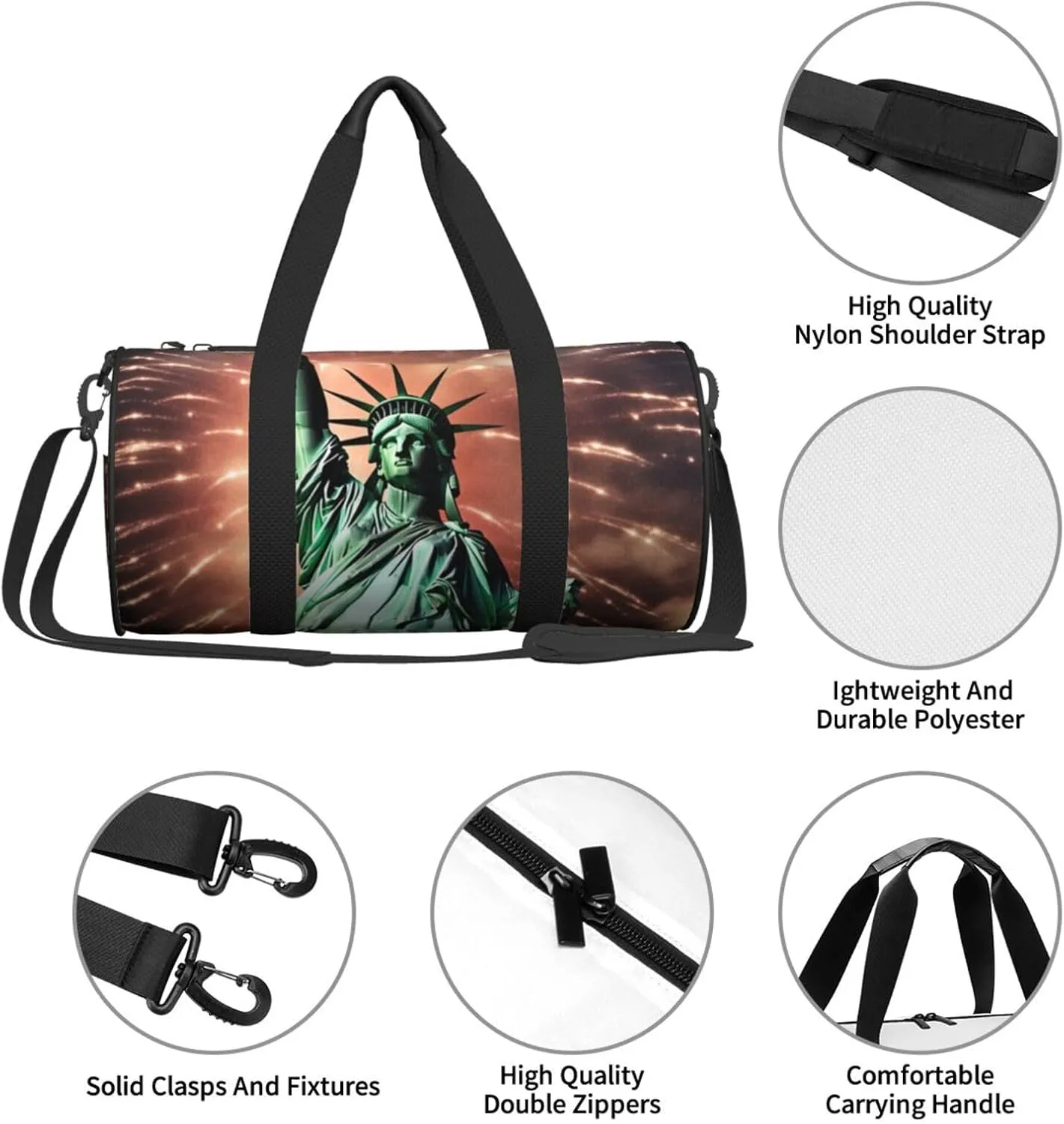 Duffel Bag for Men Women Small Gym Bag Statue Liberty Flag Fireworks Travel Duffel Bag Waterproof Overnight Bag for Sports Workout