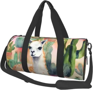 Duffel Bag for Men Women Small Gym Bag White Alpaca Watercolor Cactus Travel Duffel Bag Waterproof Overnight Bag for Sports Workout