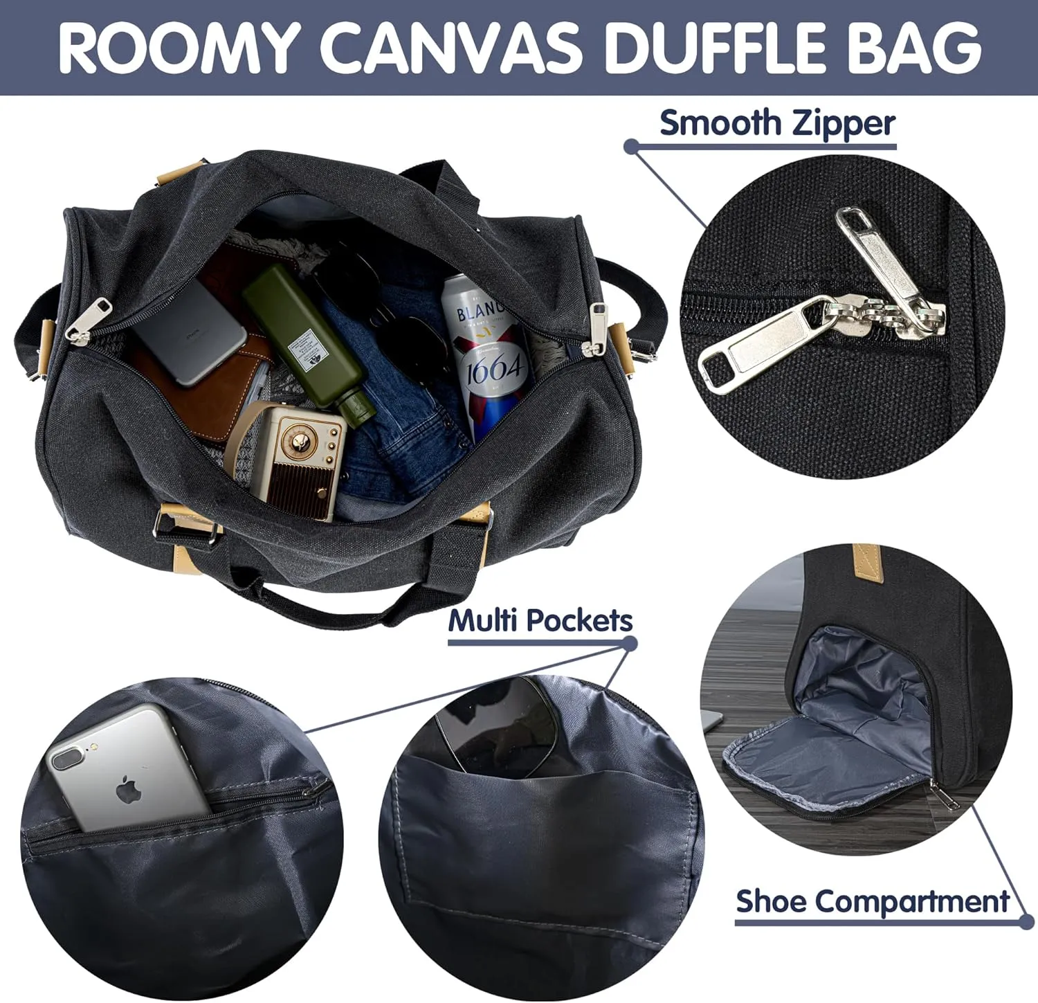 Duffle Bag for Men Boys | Personalized Travel Overnight Bags with Embroidered Name | Canvas Weekender Duffle Bag with Shoe Compartment | Best Custom Men Gift for Groomsmen Father (Black)