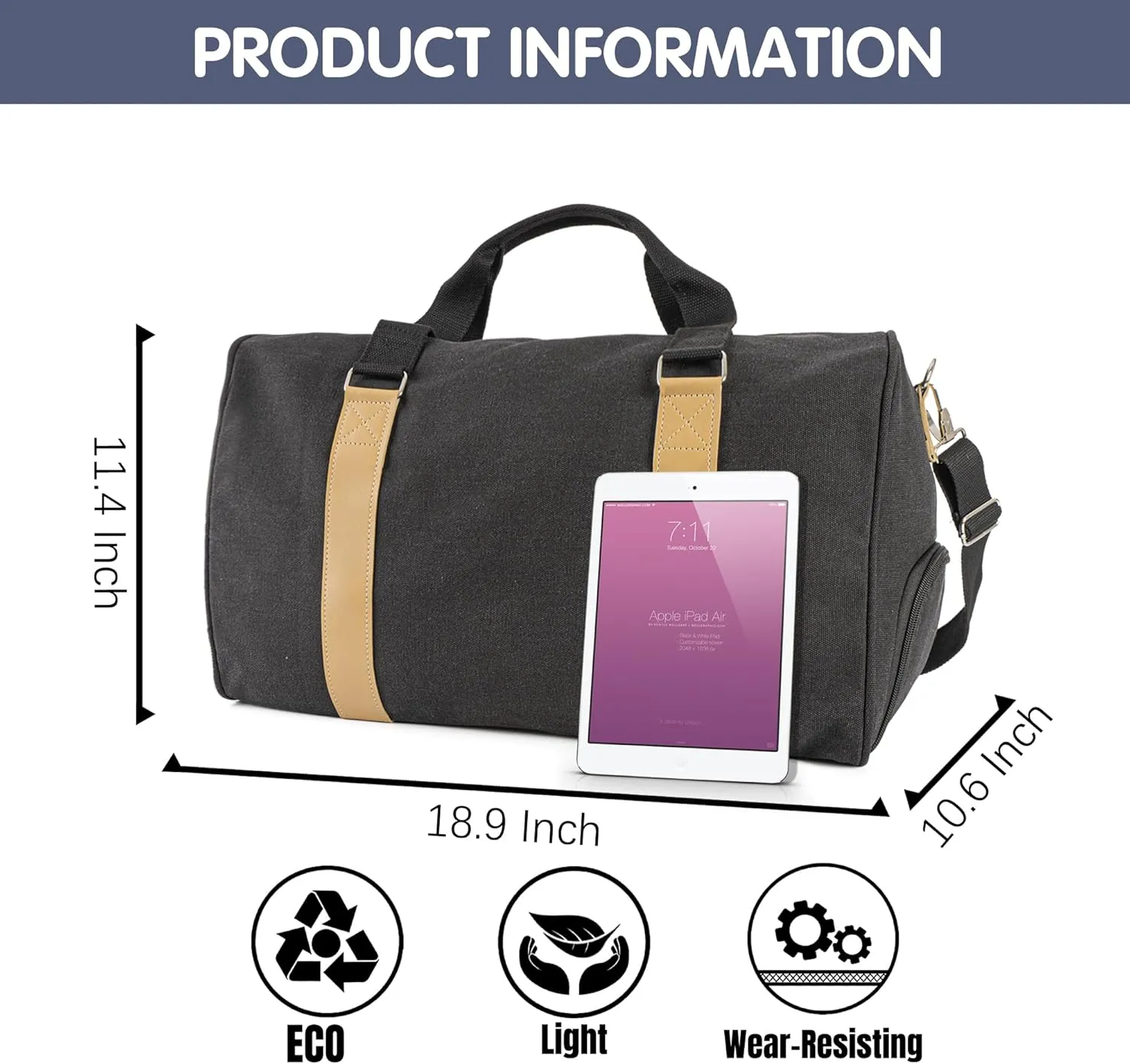 Duffle Bag for Men Boys | Personalized Travel Overnight Bags with Embroidered Name | Canvas Weekender Duffle Bag with Shoe Compartment | Best Custom Men Gift for Groomsmen Father (Black)