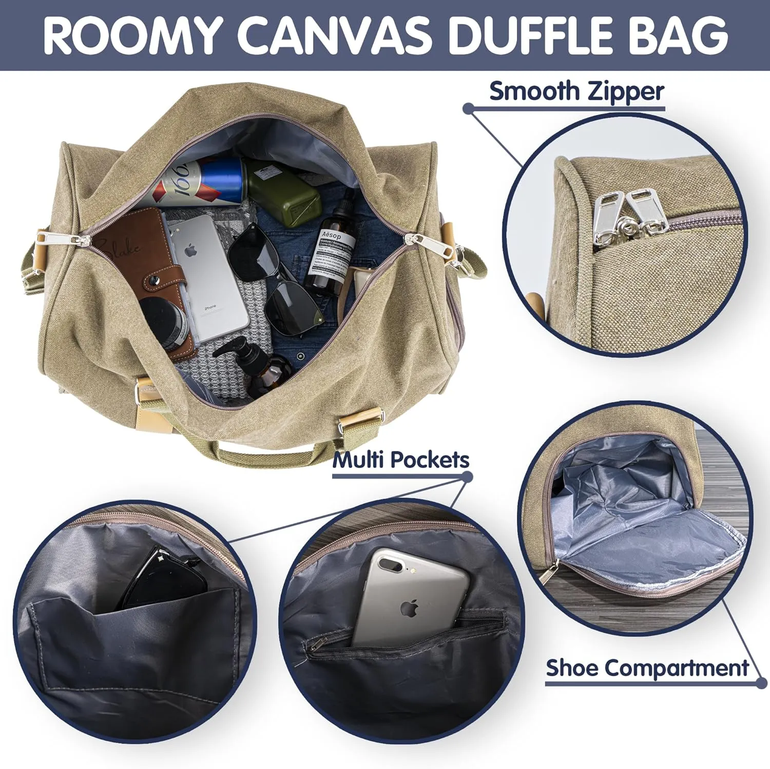 Duffle Bag for Men Boys | Personalized Travel Overnight Bags with Embroidered Name | Canvas Weekender Duffle Bag with Shoe Compartment | Best Custom Men Gift for Groomsmen Father (Green)
