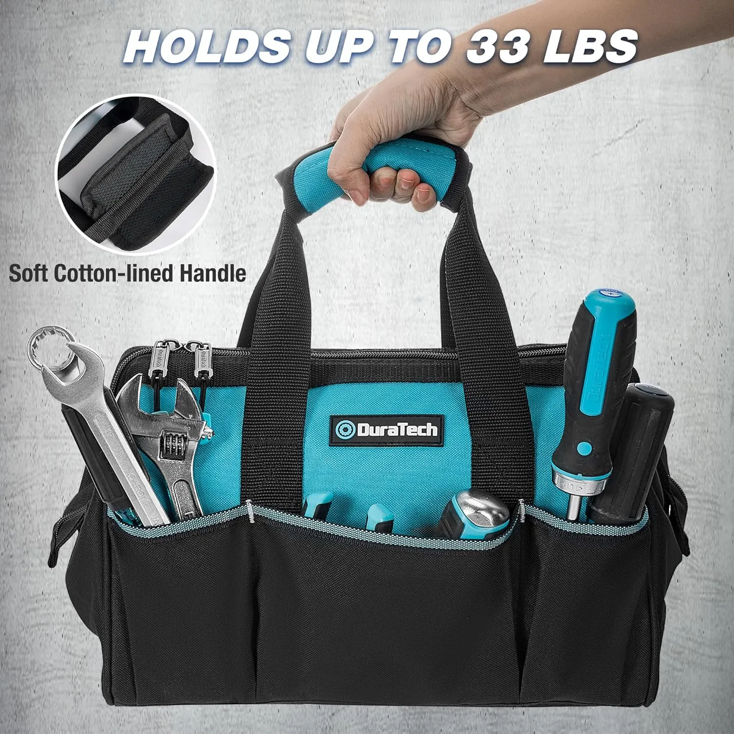 DURATECH 13-Inch Small Tool Bag with 9 Pockets, Tool Bags for Men Women, Toolbag with Thickened Fabric, Wide Open Mouth Tool Carrier for Mechanic Electrician Plumber HVAC