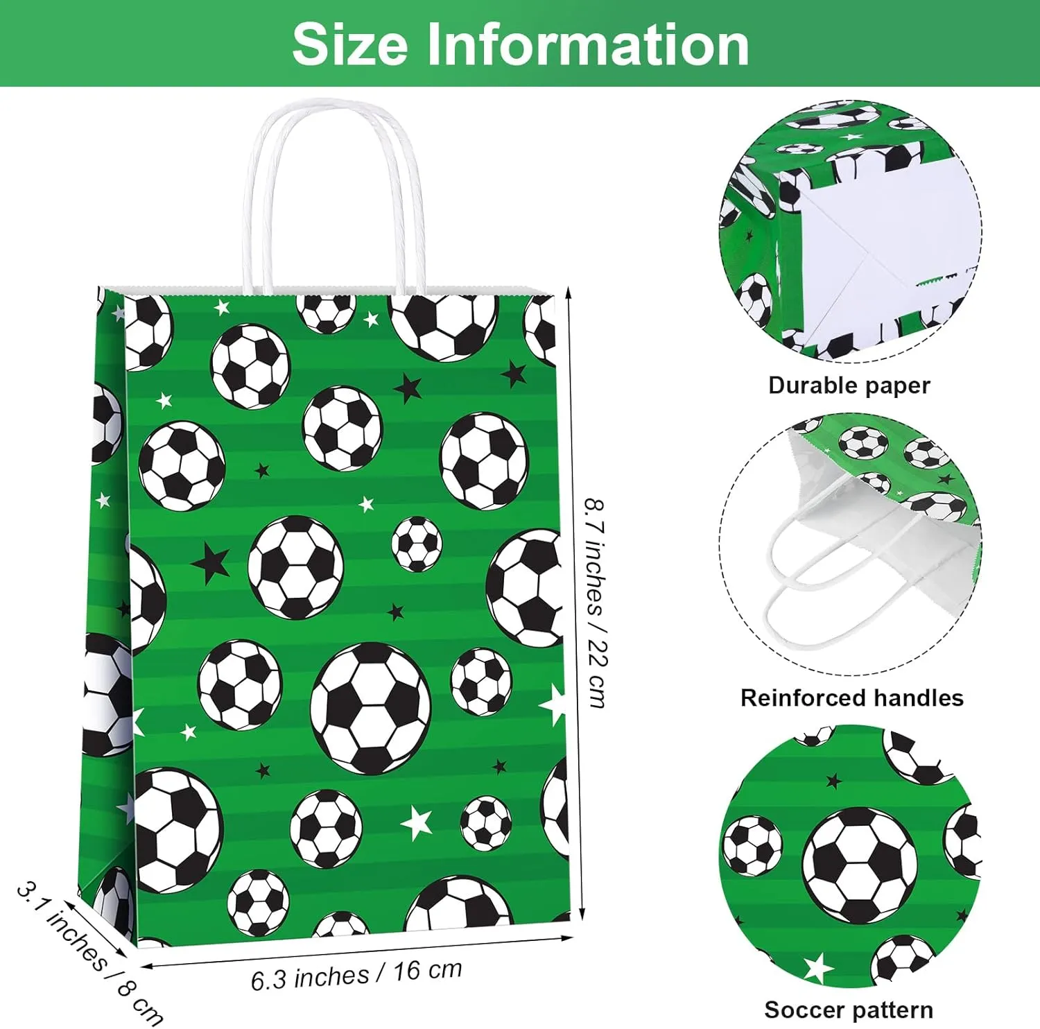 Durony 16 Pieces Soccer Gift Bags - Print Paper Goodie Favor Bags for Party Decorations Supplies