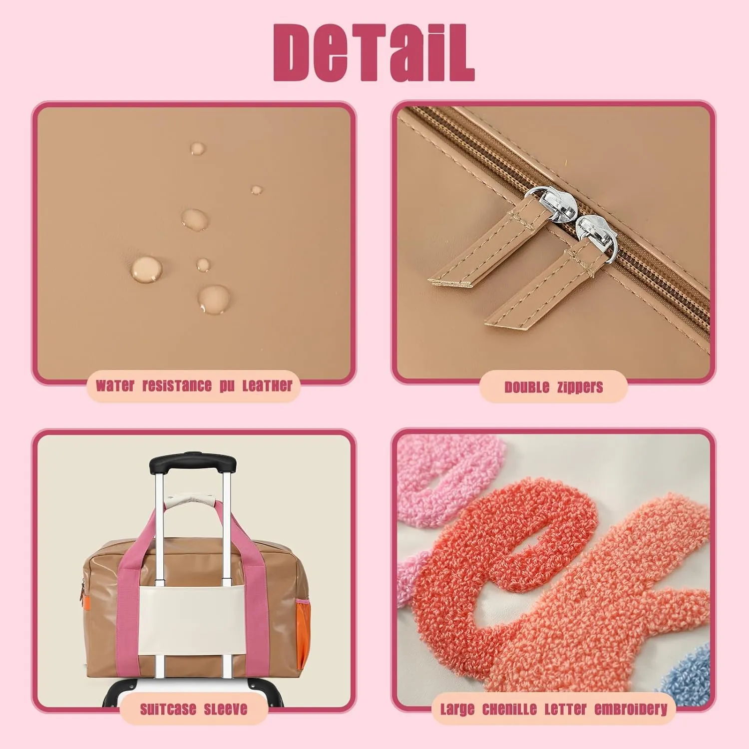 DYSHAYEN Chenille Letter Travel Duffle Bag Large PU Leather Weekender Overnight Bag for Women Carry on Bags Travel Tote（Weekend (A)）