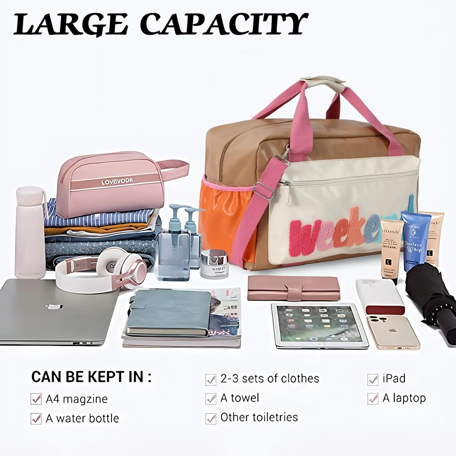 DYSHAYEN Chenille Letter Travel Duffle Bag Large PU Leather Weekender Overnight Bag for Women Carry on Bags Travel Tote（Weekend (A)）