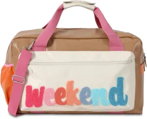 DYSHAYEN Chenille Letter Travel Duffle Bag Large PU Leather Weekender Overnight Bag for Women Carry on Bags Travel Tote（Weekend (A)）