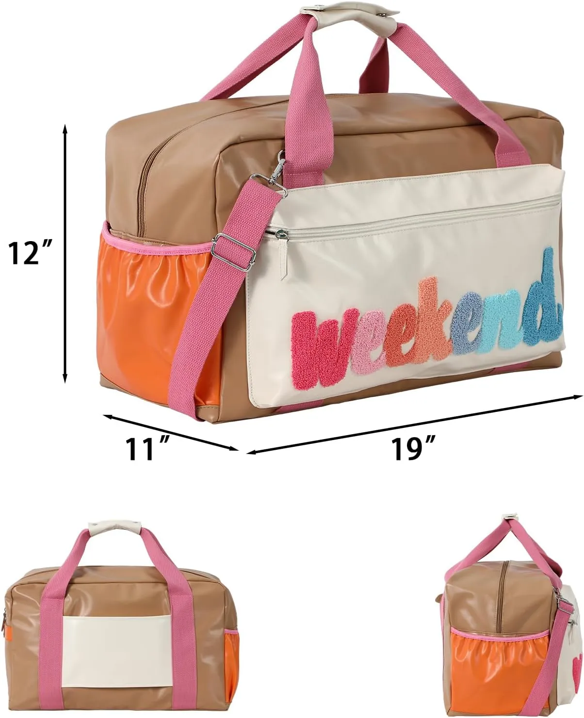 DYSHAYEN Chenille Letter Travel Duffle Bag Large PU Leather Weekender Overnight Bag for Women Carry on Bags Travel Tote（Weekend (A)）