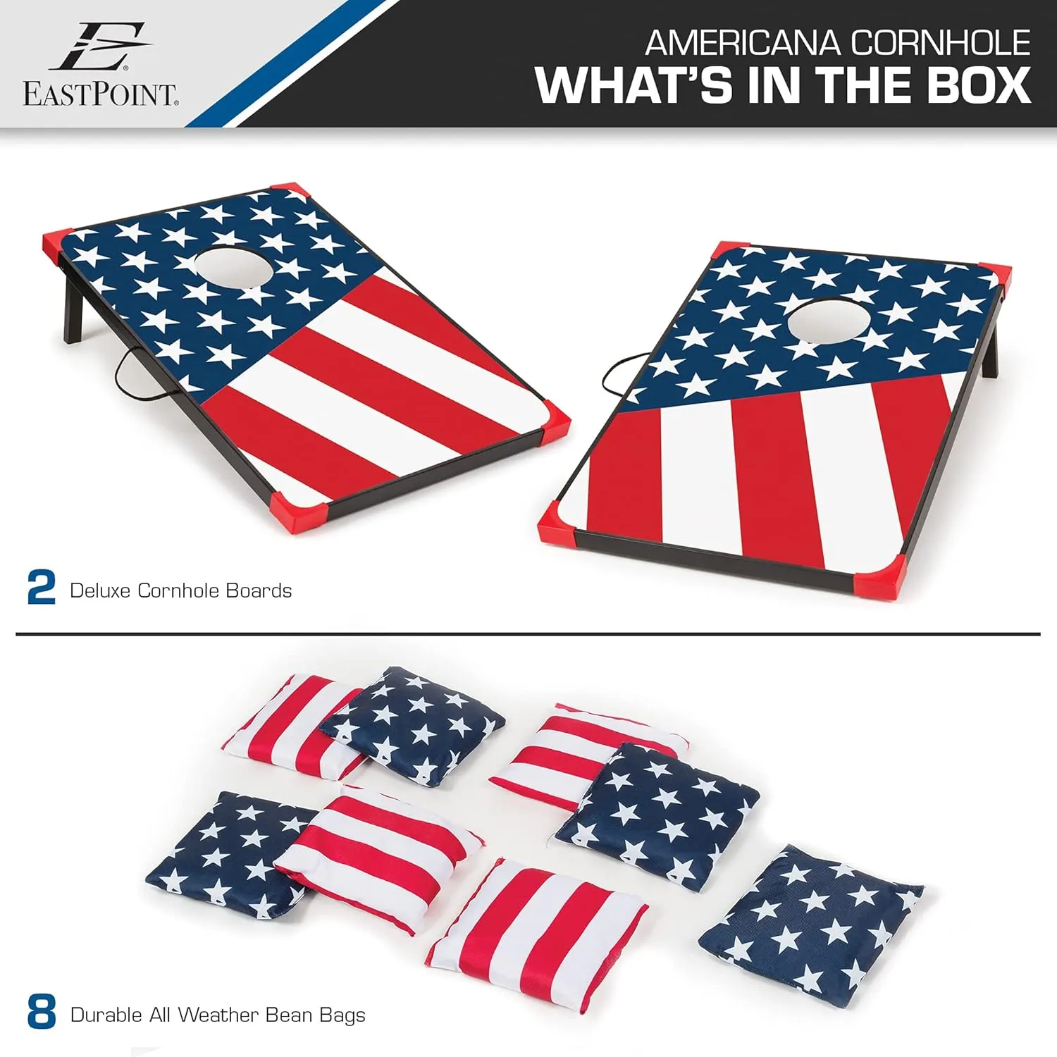 EastPoint Sports Cornhole Game Set Bean Bag Toss MDF - 2' W x 3' L - Built-In Storage, Convenient Carry Handles and 8 Premium Bean Bags