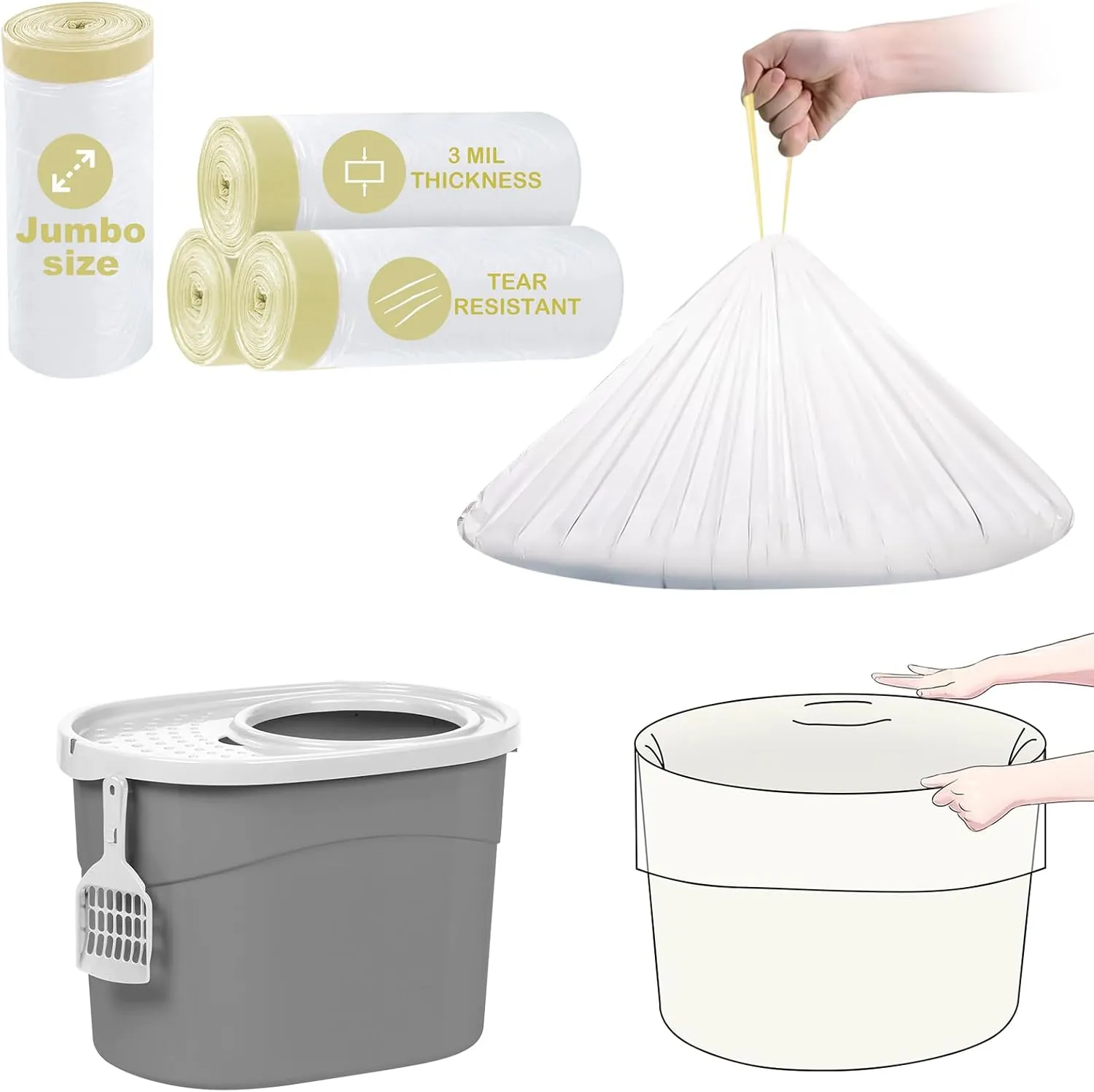 ELEGX 60 Count Litter Box Liners,HDPE Material 3MIL Extra Thick Heavy Duty （32.8 × 23.6） Jumbo Drawstring Cat String Liners,Compatible with IRIS Top Entry Cat Litter Box