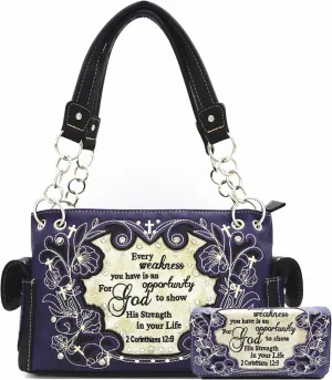 Embroidered Cross Scripture Bible Verse 2 Corinthians 12:9 Purse Studded Western Style Handbag Women Shoulder Bags Wallet Set