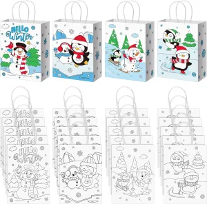 Epakh 24 Pcs Winter Gift Bags for Kids Bulk Color Your Own Snowman Paper Gift Bags Winter Coloring Goodie Bag Kits with Handle for Holidays Party Favor Supplies