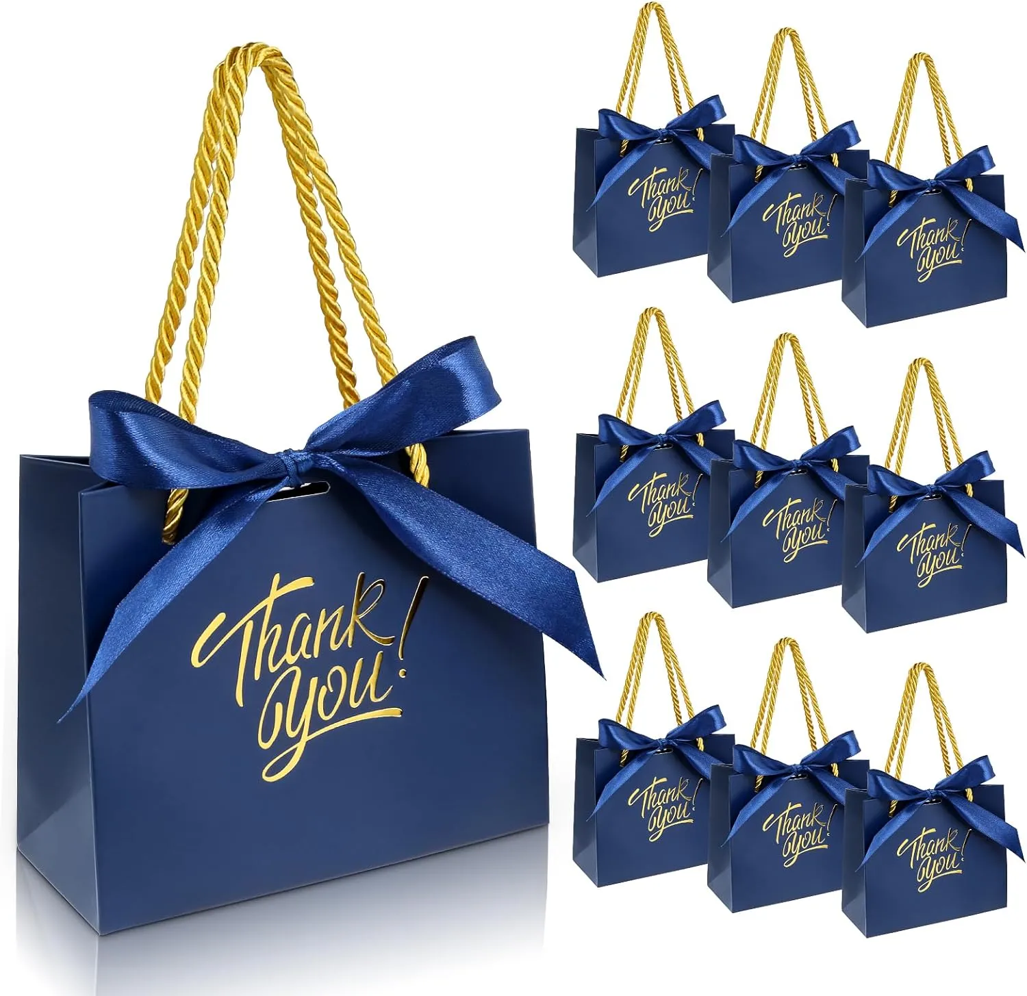 EQOREIIN 30 Pack Small Thank You Gift Bags with Handles 5.5 x 2.4 x 4.7 Inches Mini Navy Gift Bags with Bow Ribbon Tiny Party Favor Bag Bulk for Graduation Mother's Day Baby Shower Wedding (Navy)