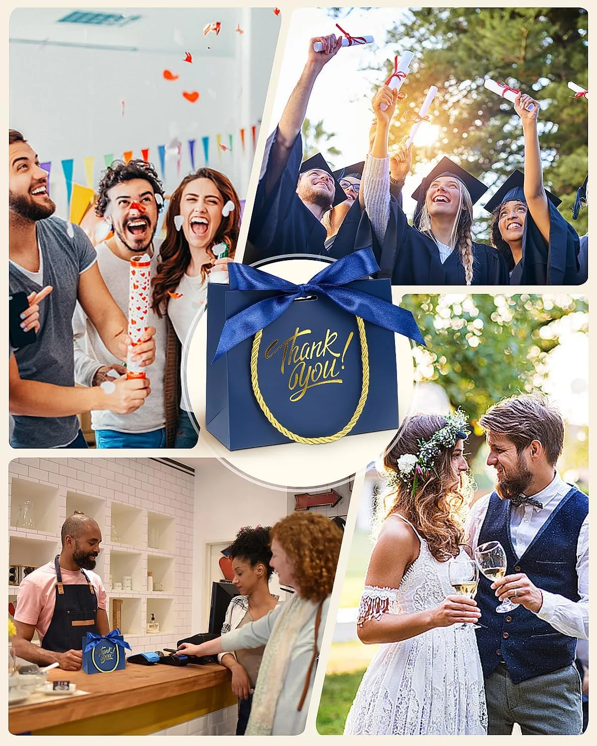 EQOREIIN 30 Pack Small Thank You Gift Bags with Handles 5.5 x 2.4 x 4.7 Inches Mini Navy Gift Bags with Bow Ribbon Tiny Party Favor Bag Bulk for Graduation Mother's Day Baby Shower Wedding (Navy)
