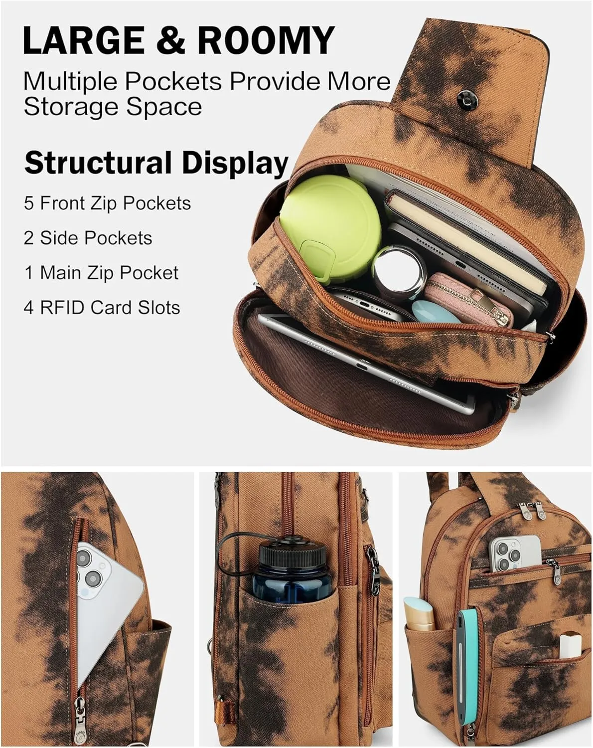 FADEON Large Crossbody Purse Sling Bag for Women - PU Leather Designer Anti-Theft Backpack With 4 RFID Card Slots
