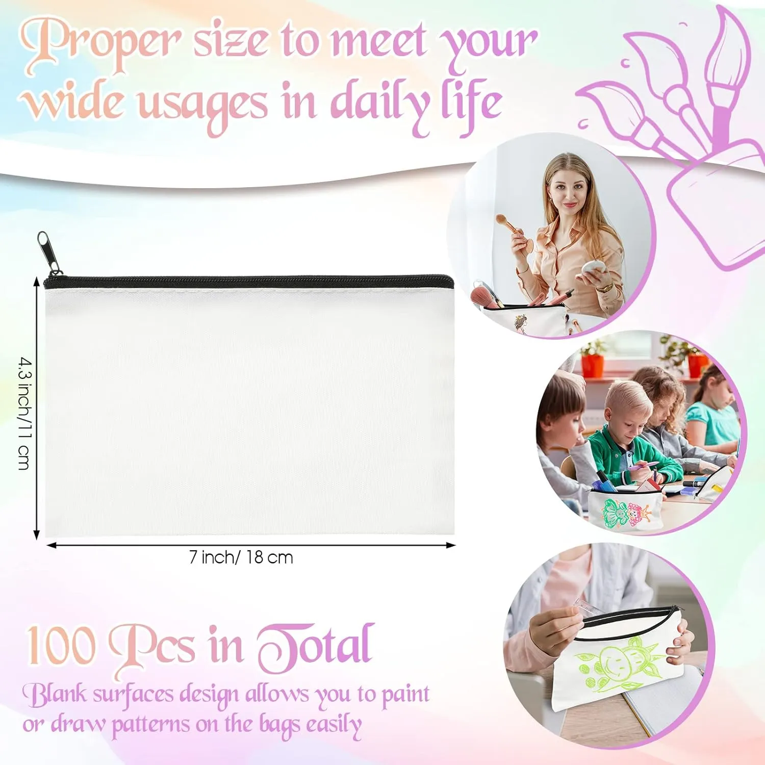 Fainne 100 Pieces Blank DIY Craft Canvas Makeup Bags Bulk Canvas Pencil Pouch 7.1 x 4.3 Inch Blank Zipper Pouch Multi Purpose Cosmetic Bags Pencil Case for Pen Travel Women(Beige)