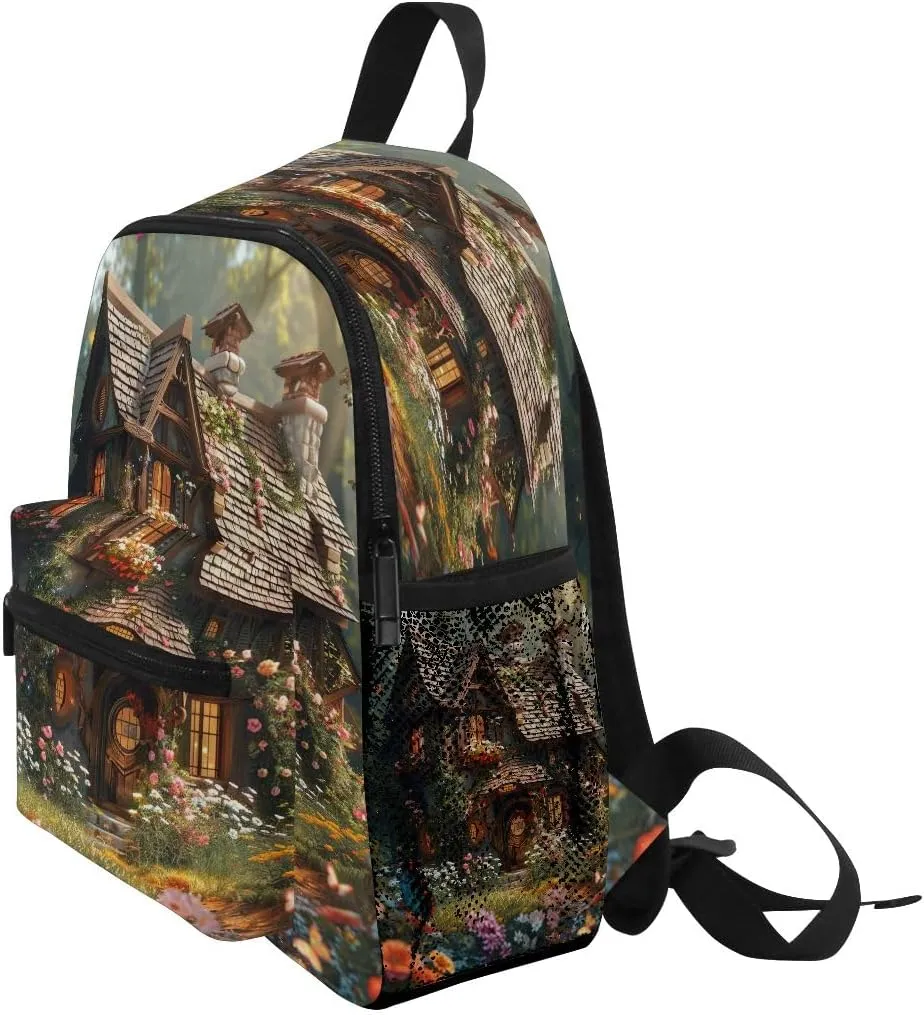 Fairy Cottage Flowers 12 Inch Preschool Backpack Boys with Chest Strap Travel Backpack Kids, Toddler Backpacks for Boys 2-4