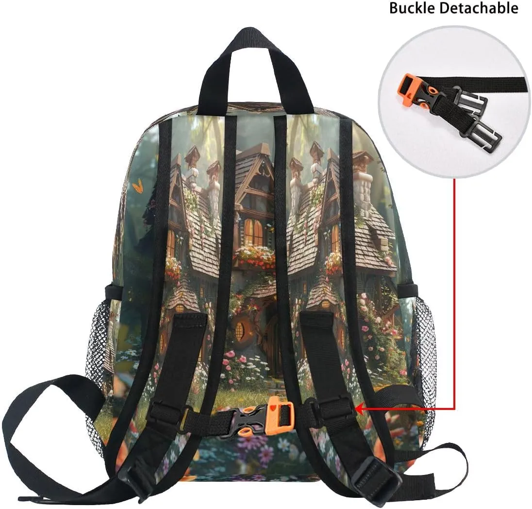 Fairy Cottage Flowers 12 Inch Preschool Backpack Boys with Chest Strap Travel Backpack Kids, Toddler Backpacks for Boys 2-4