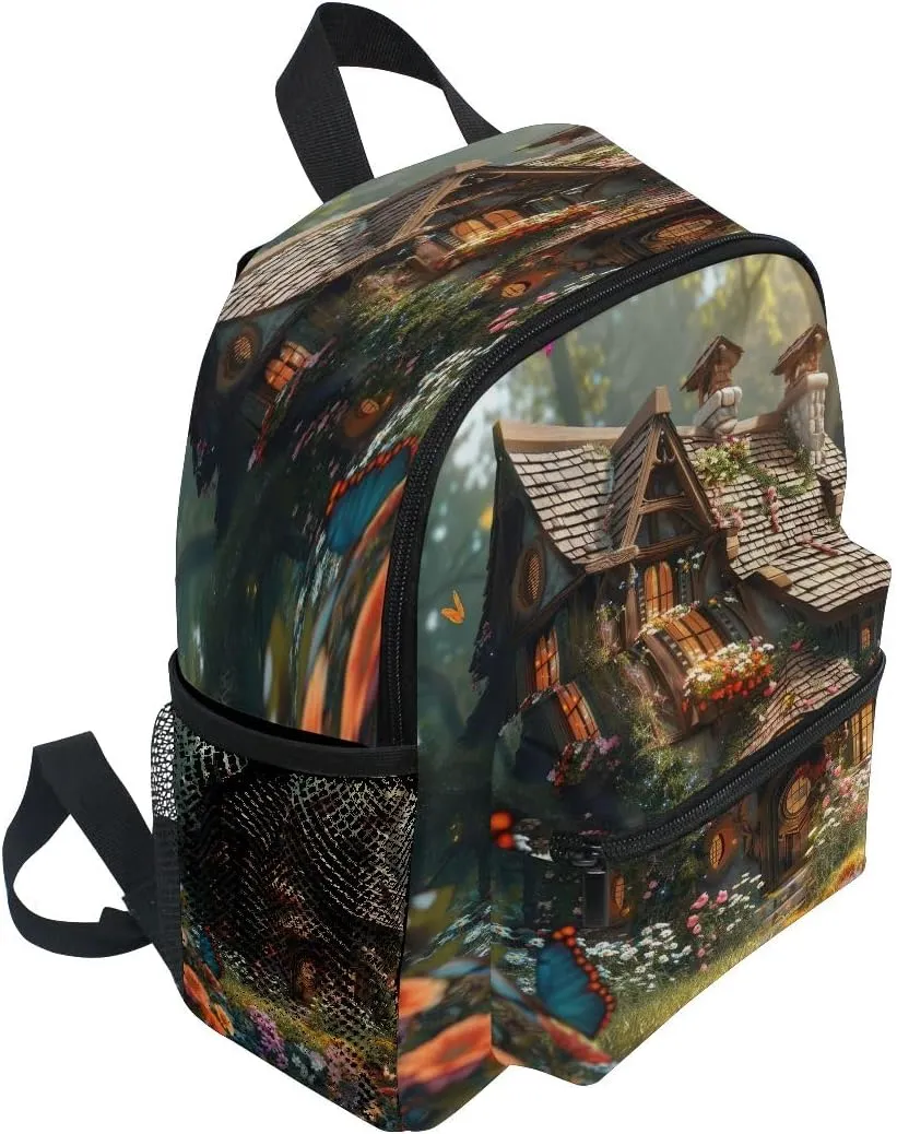 Fairy Cottage Flowers 12 Inch Preschool Backpack Boys with Chest Strap Travel Backpack Kids, Toddler Backpacks for Boys 2-4