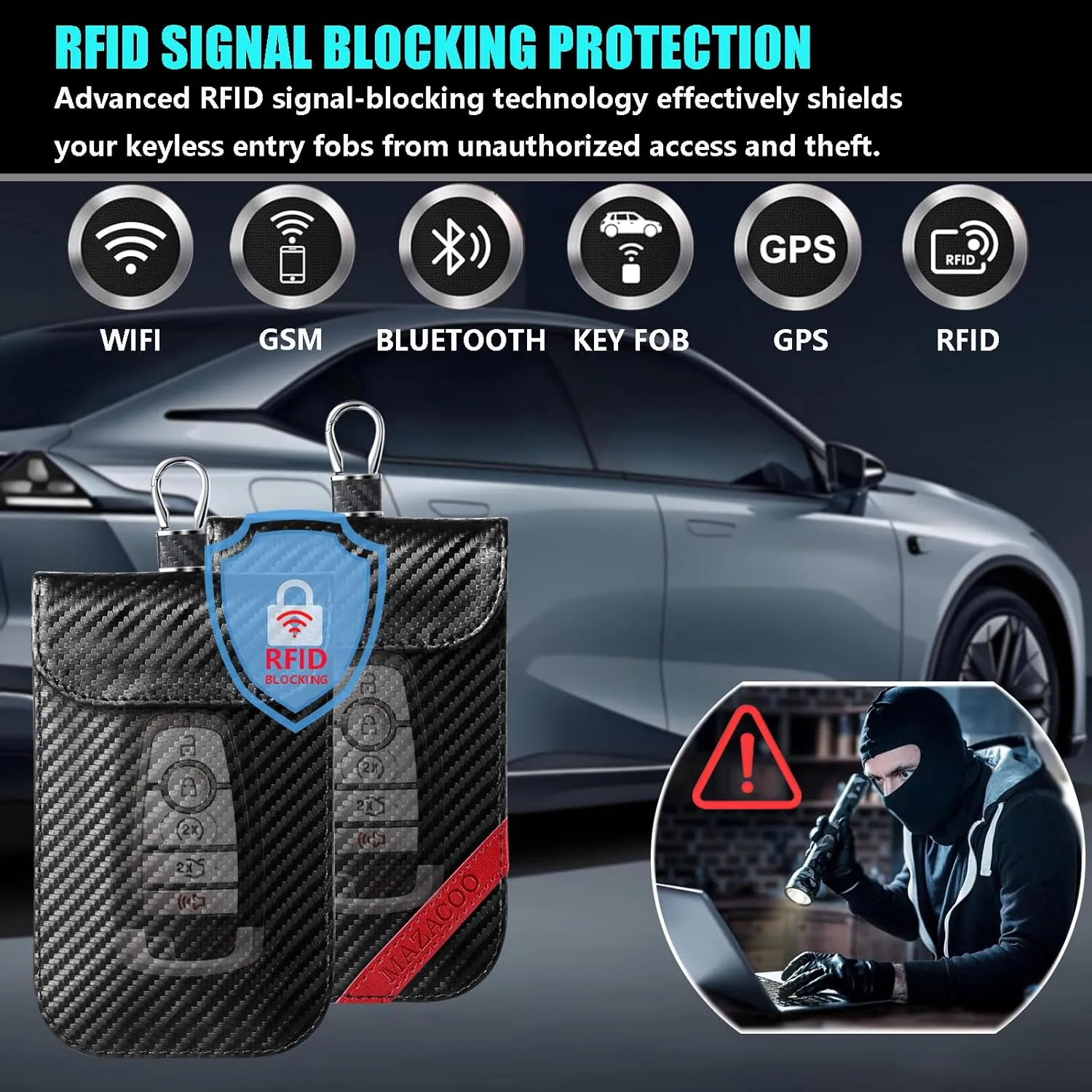Faraday Bag for Key Fob with ID Window - 2 Pack RFID Signal Blocking Car Key Fob Protector Pouch, Keyless Entry Car Key Fob Shielding Cage (Black & Red)