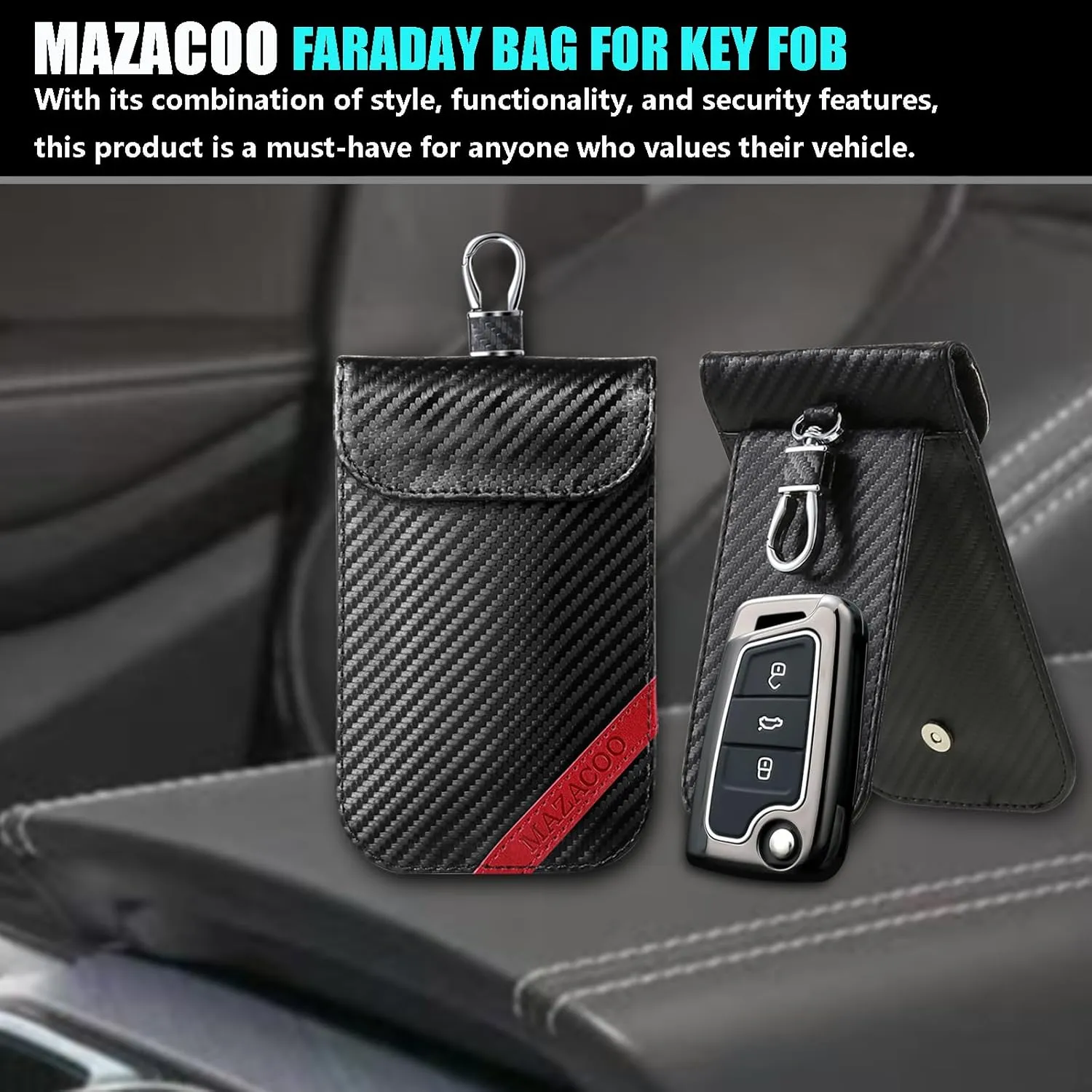 Faraday Bag for Key Fob with ID Window - 2 Pack RFID Signal Blocking Car Key Fob Protector Pouch, Keyless Entry Car Key Fob Shielding Cage (Black & Red)
