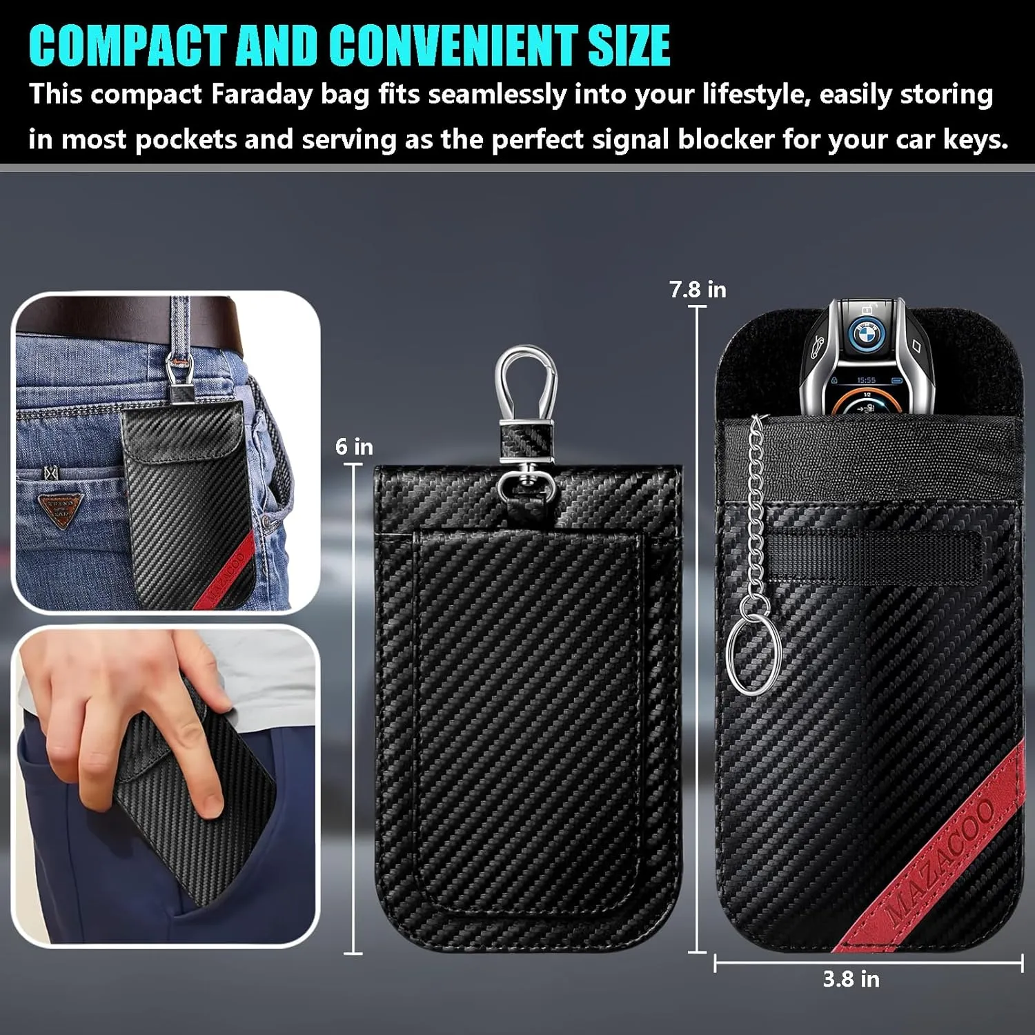 Faraday Bag for Key Fob with ID Window - 2 Pack RFID Signal Blocking Car Key Fob Protector Pouch, Keyless Entry Car Key Fob Shielding Cage (Black & Red)