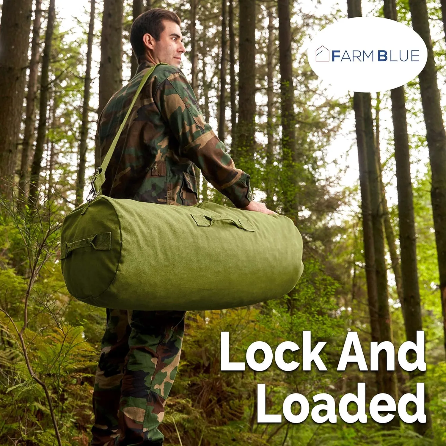 Farm Blue Brand Army GI Style Zipper Duffel Bags- Enormous 30"x50" XX Large - 3 Grab Handles and new External and Internal pockets- 18oz Canvas Duffle Bag Men and Women - XXL OD Green