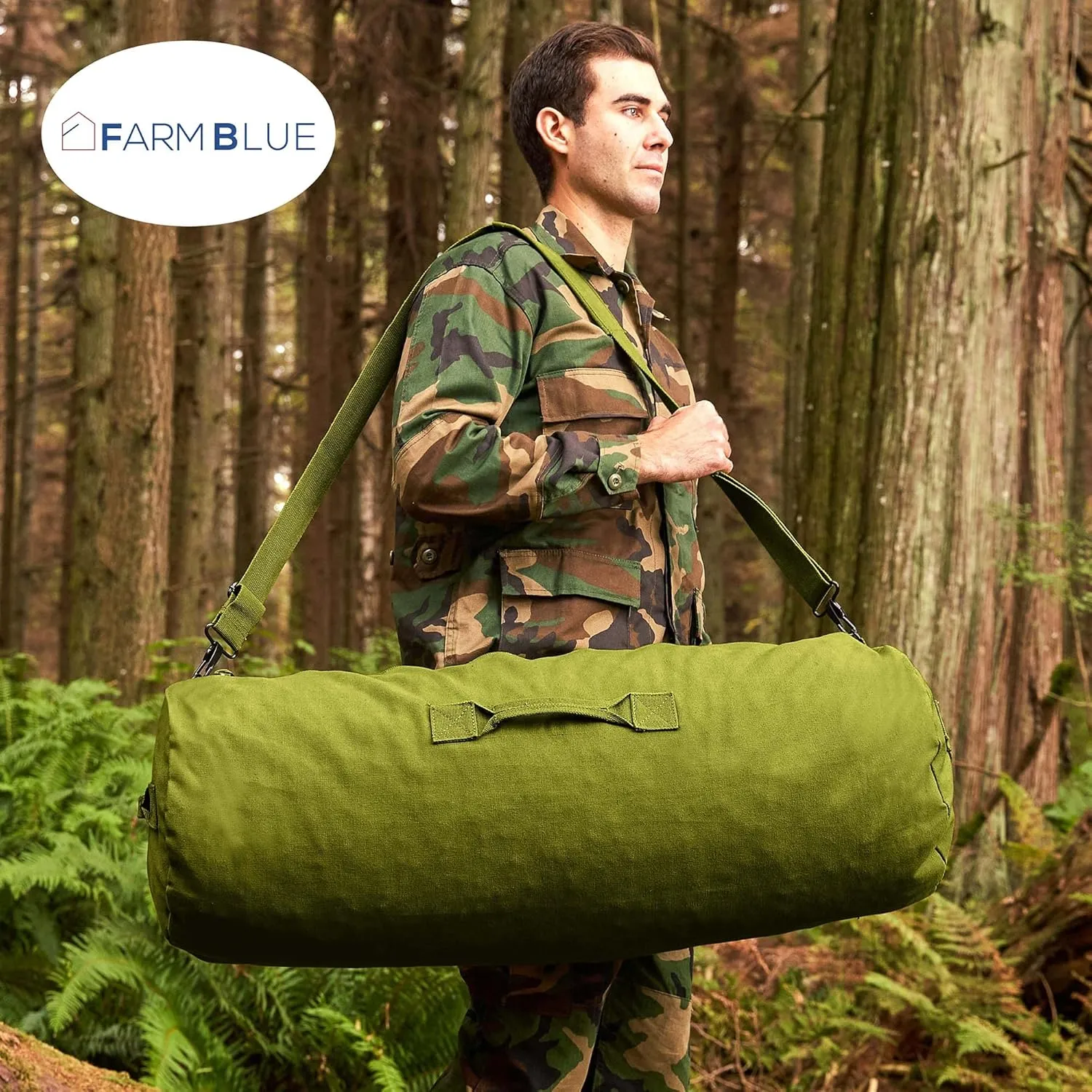 Farm Blue Brand Army GI Style Zipper Duffel Bags- Enormous 30"x50" XX Large - 3 Grab Handles and new External and Internal pockets- 18oz Canvas Duffle Bag Men and Women - XXL OD Green