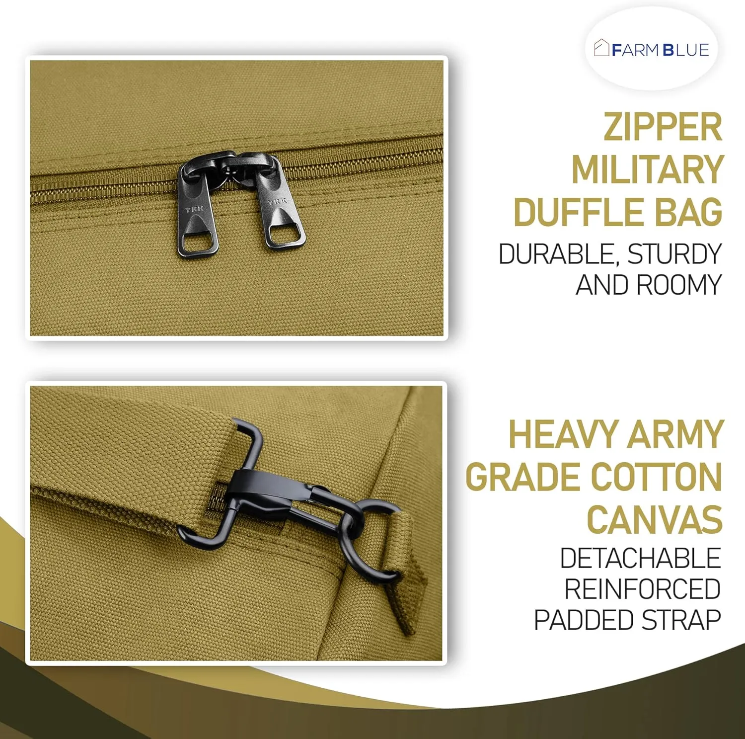 Farm Blue Brand Army GI Style Zipper Duffel Bags- Enormous 30"x50" XX Large - 3 Grab Handles and new External and Internal pockets- 18oz Canvas Duffle Bag Men and Women - XXL OD Green