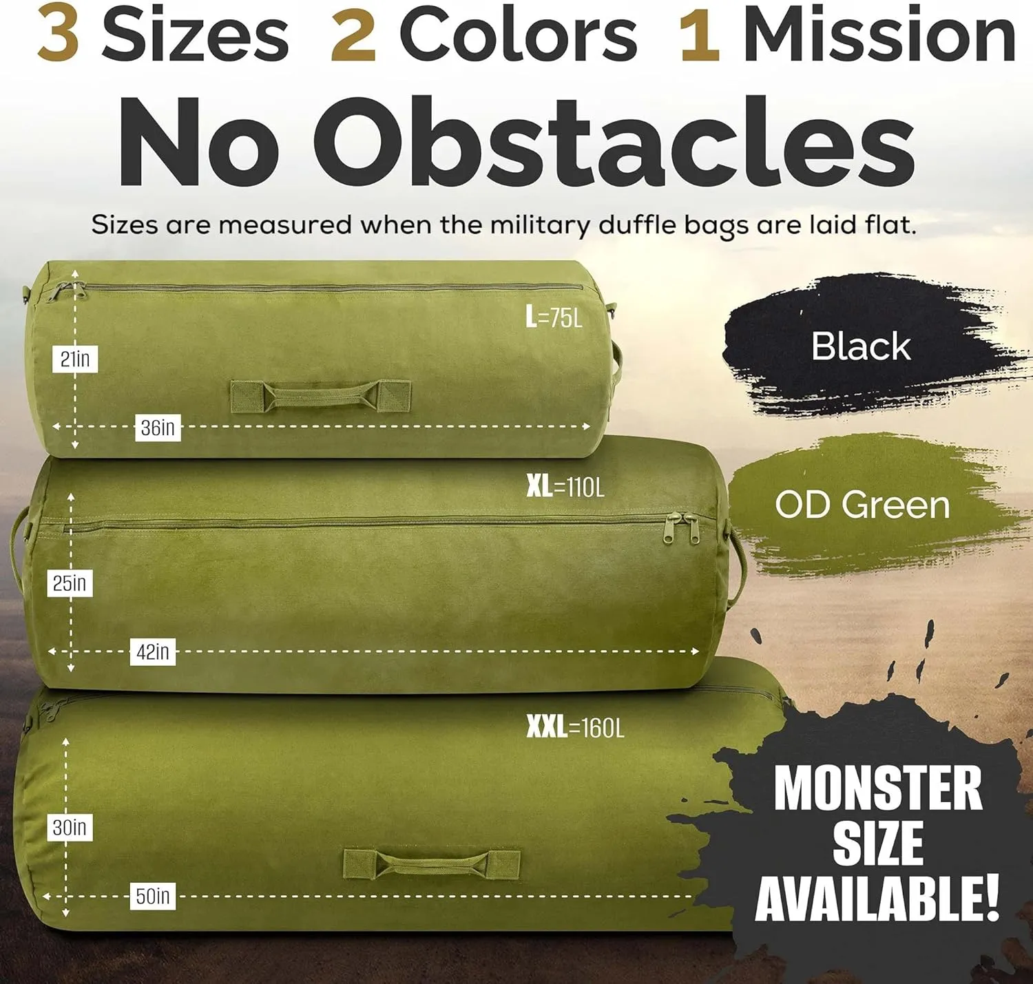 Farm Blue Brand Army GI Style Zipper Duffel Bags- Enormous 30"x50" XX Large - 3 Grab Handles and new External and Internal pockets- 18oz Canvas Duffle Bag Men and Women - XXL OD Green