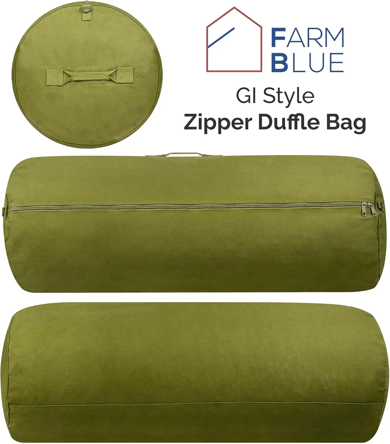 Farm Blue Brand Army GI Style Zipper Duffel Bags- Enormous 30"x50" XX Large - 3 Grab Handles and new External and Internal pockets- 18oz Canvas Duffle Bag Men and Women - XXL OD Green