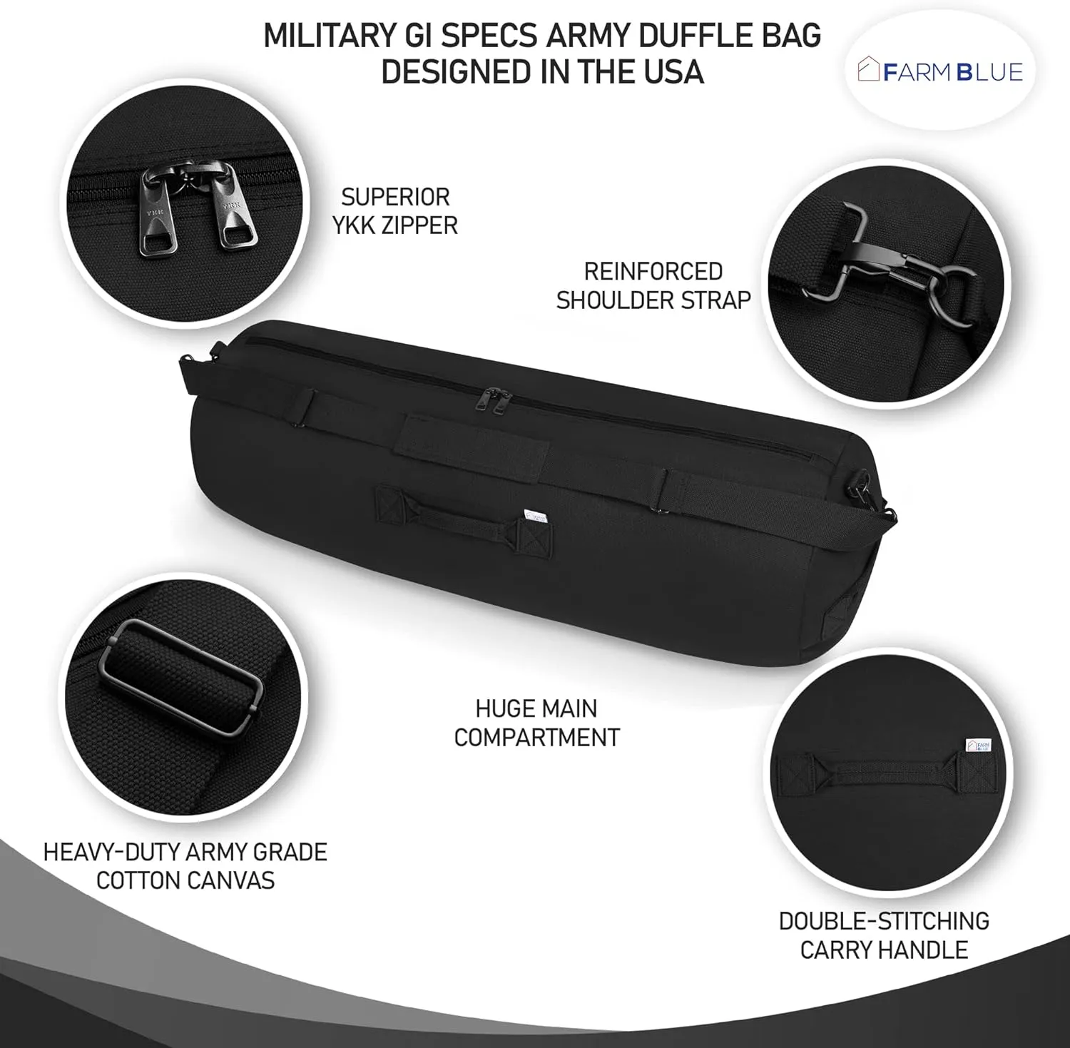 Farm Blue GI Style Zipper Duffel Bag Black - XL Heavy Duty Army Duffle Bags - Military Grade Cotton Canvas Duffle Bag - Reinforced Camping Bag - Strong Zipper & Center Grab Handle (Black, XL)